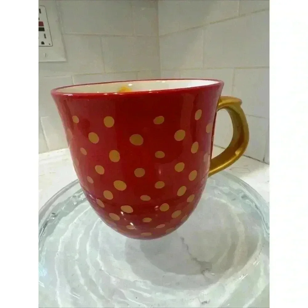 The Pioneer Woman Collection Red Gold Polka Dotted Stoneware Mug Ornate Handle